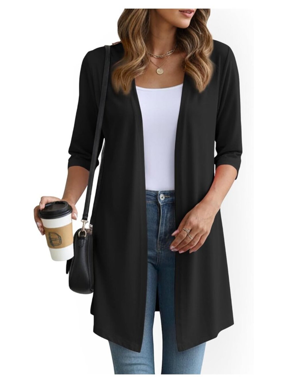 Lightweight Open Front Cardigan 3/4 Sleeve Mid-Thigh Knit
